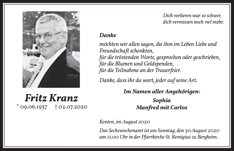  Traueranzeige für Fritz Kranz vom 07.08.2020 aus  Werbepost 