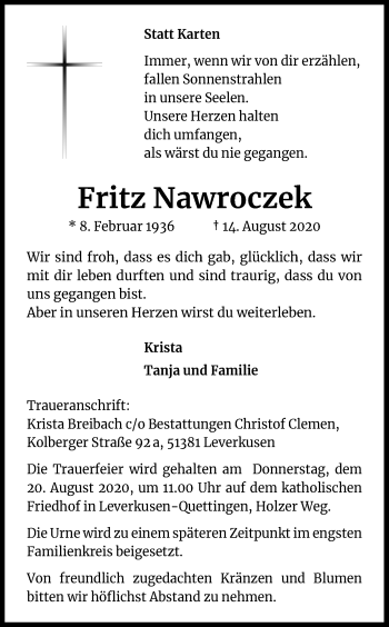 Anzeige von Fritz Nawroczek von Kölner Stadt-Anzeiger / Kölnische Rundschau / Express