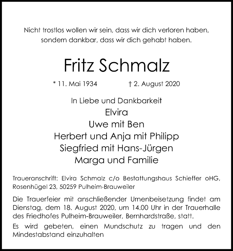  Traueranzeige für Fritz Schmalz vom 08.08.2020 aus Kölner Stadt-Anzeiger / Kölnische Rundschau / Express