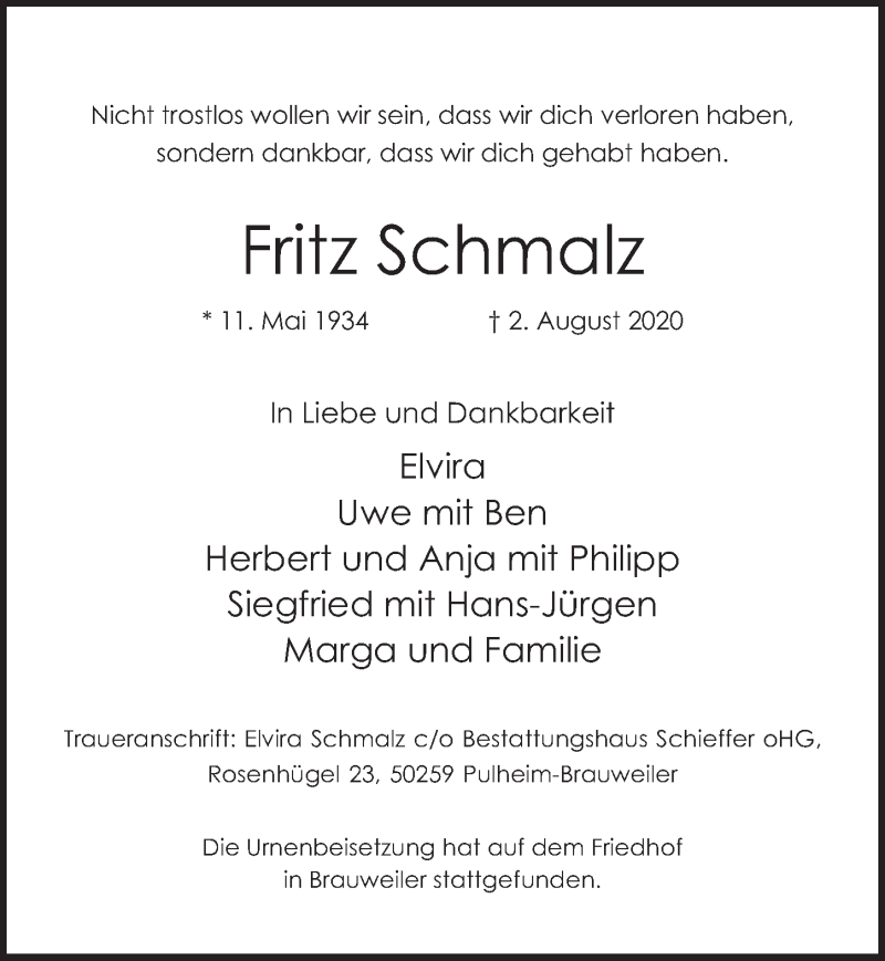  Traueranzeige für Fritz Schmalz vom 21.08.2020 aus  Werbepost 