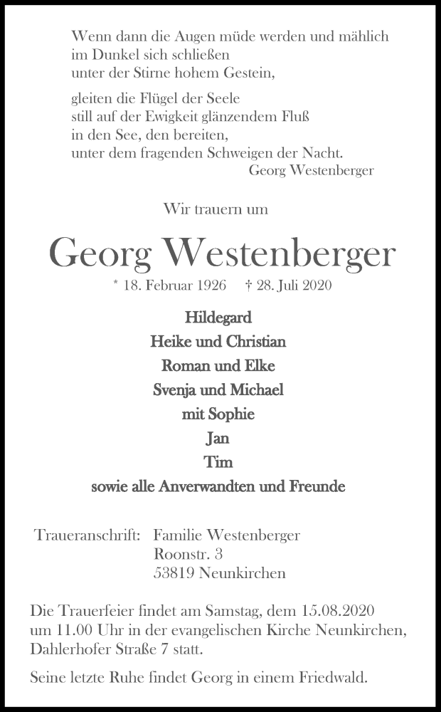  Traueranzeige für Georg Westenberger vom 08.08.2020 aus Kölner Stadt-Anzeiger / Kölnische Rundschau / Express