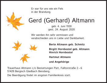 Anzeige von Gerd Altmann von Kölner Stadt-Anzeiger / Kölnische Rundschau / Express