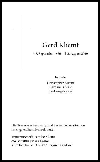 Anzeige von Gerd Kliemt von Kölner Stadt-Anzeiger / Kölnische Rundschau / Express
