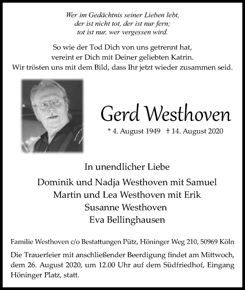  Traueranzeige für Gerd Westkoven vom 22.08.2020 aus Kölner Stadt-Anzeiger / Kölnische Rundschau / Express