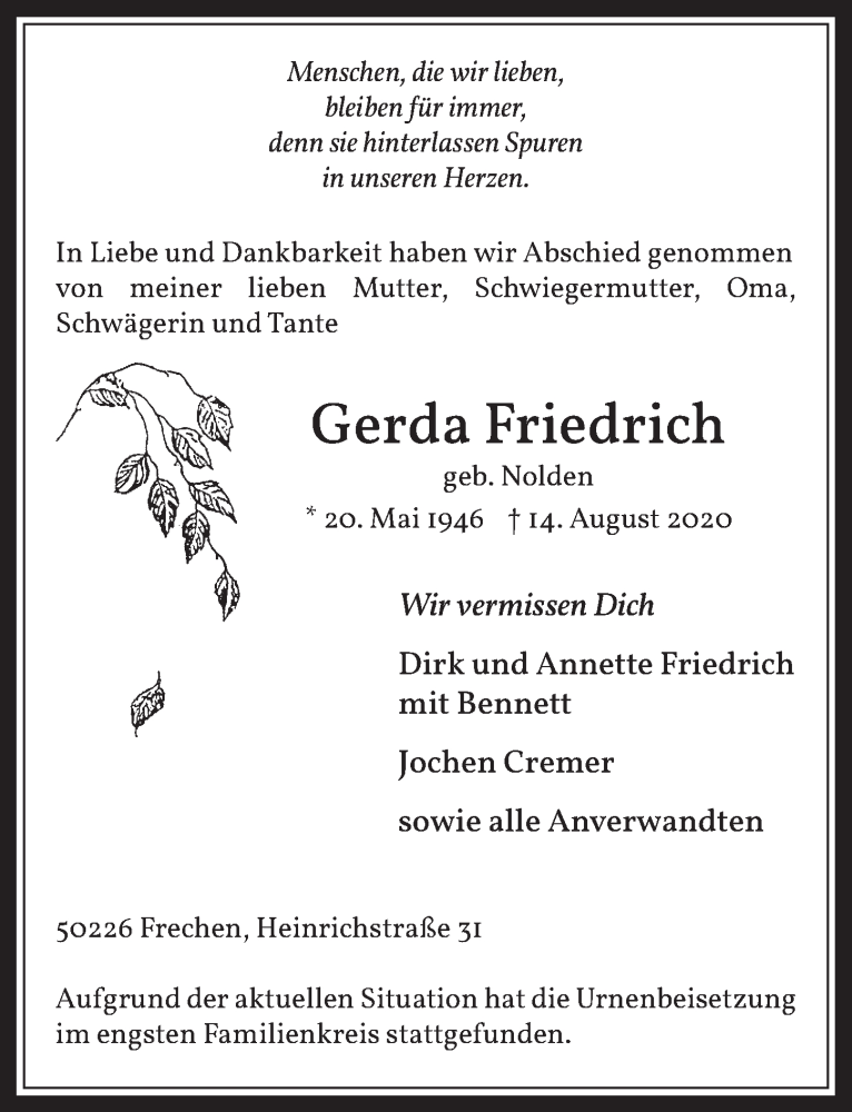  Traueranzeige für Gerda Friedrich vom 28.08.2020 aus  Wochenende 