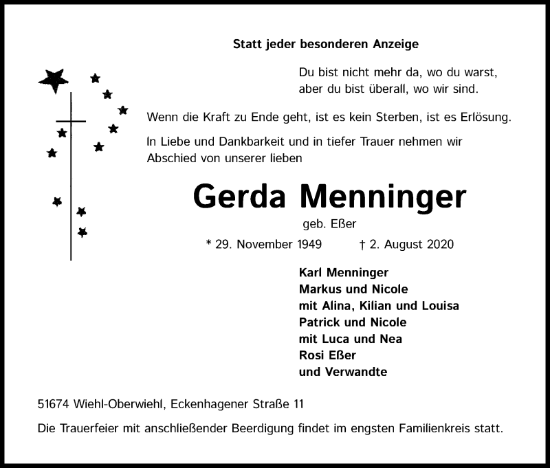  Traueranzeige für Gerda Menninger vom 08.08.2020 aus Kölner Stadt-Anzeiger / Kölnische Rundschau / Express