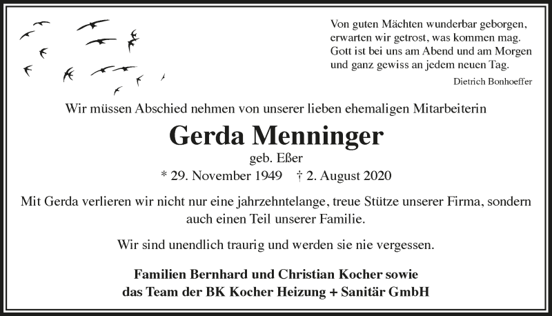  Traueranzeige für Gerda Menninger vom 07.08.2020 aus  Anzeigen Echo 