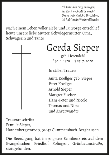 Anzeige von Gerda Sieper von  Anzeigen Echo 