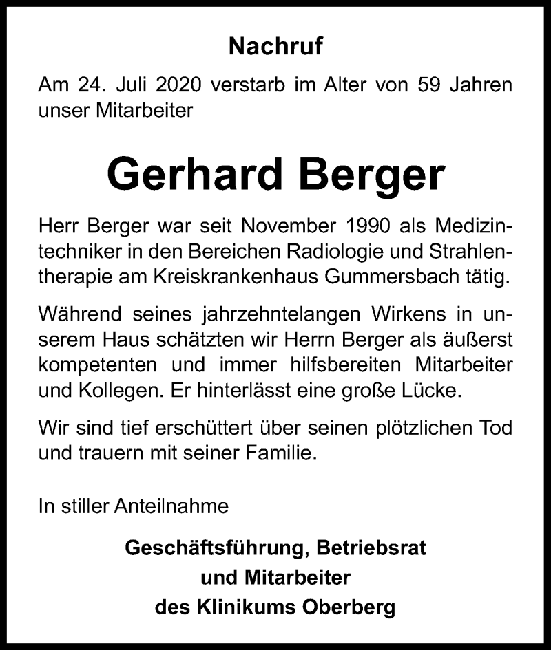  Traueranzeige für Gerhard Berger vom 01.08.2020 aus Kölner Stadt-Anzeiger / Kölnische Rundschau / Express