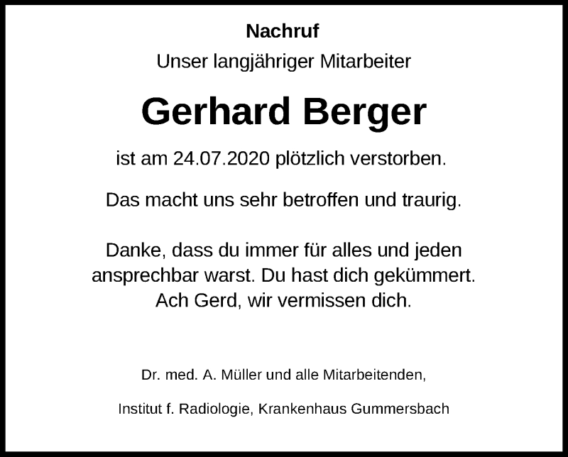  Traueranzeige für Gerhard Berger vom 01.08.2020 aus Kölner Stadt-Anzeiger / Kölnische Rundschau / Express