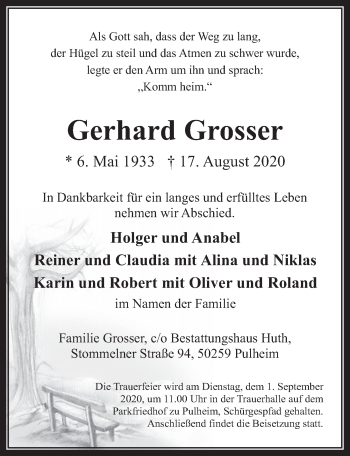 Anzeige von Gerhard Grosser von  Wochenende 
