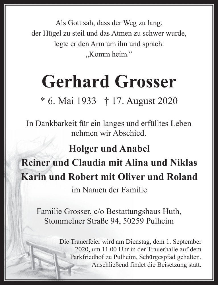  Traueranzeige für Gerhard Grosser vom 21.08.2020 aus  Wochenende 