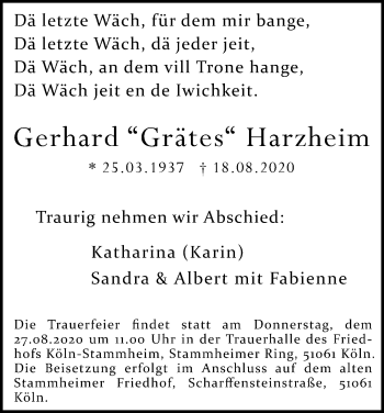 Anzeige von Gerhard Harzheim von Kölner Stadt-Anzeiger / Kölnische Rundschau / Express