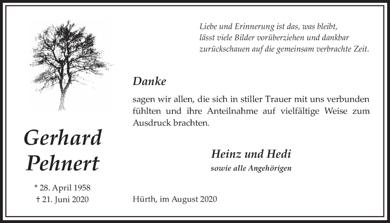  Traueranzeige für Gerhard Pehnert vom 07.08.2020 aus  Wochenende 