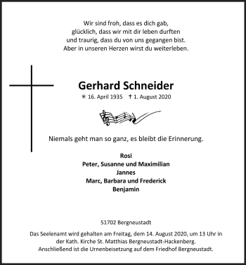 Anzeige von Gerhard Schneider von  Anzeigen Echo 