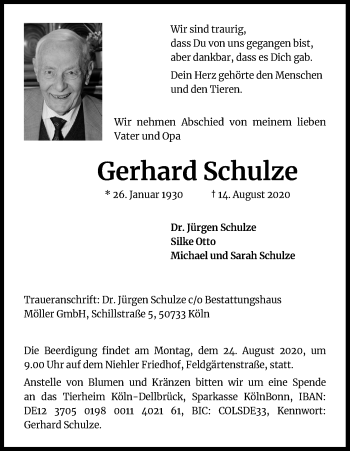 Anzeige von Gerhard Schulze von Kölner Stadt-Anzeiger / Kölnische Rundschau / Express