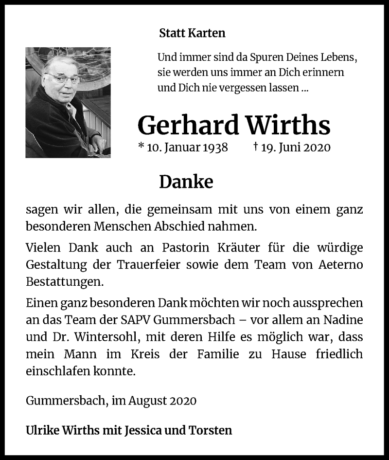  Traueranzeige für Gerhard Wirths vom 08.08.2020 aus Kölner Stadt-Anzeiger / Kölnische Rundschau / Express