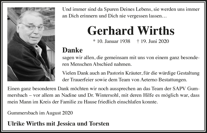  Traueranzeige für Gerhard Wirths vom 07.08.2020 aus  Anzeigen Echo 