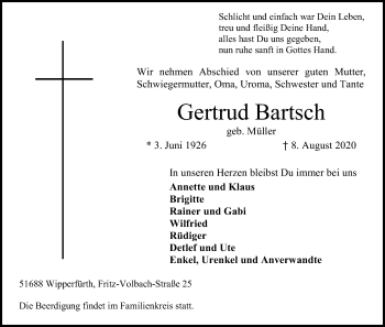 Anzeige von Gertrud Bartsch von Kölner Stadt-Anzeiger / Kölnische Rundschau / Express