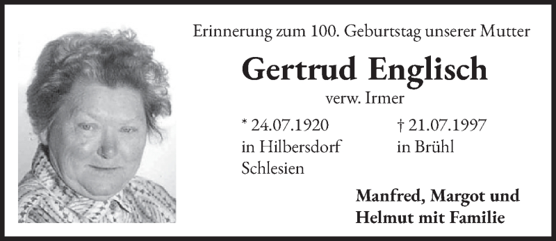 Traueranzeige für Gertrud Englisch vom 07.08.2020 aus  Schlossbote/Werbekurier 