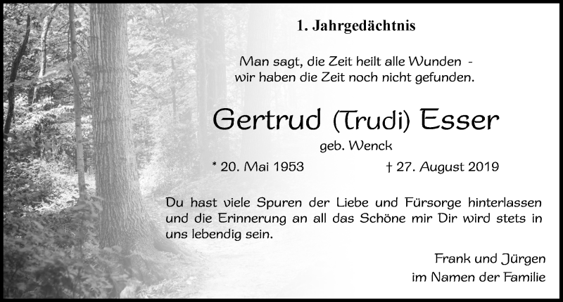  Traueranzeige für Gertrud Esser vom 29.08.2020 aus  Blickpunkt Euskirchen 