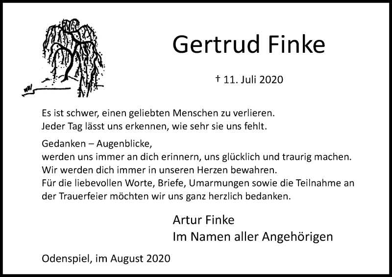  Traueranzeige für Gertrud Finke vom 22.08.2020 aus Kölner Stadt-Anzeiger / Kölnische Rundschau / Express