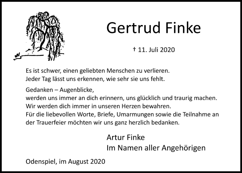  Traueranzeige für Gertrud Finke vom 21.08.2020 aus  Lokalanzeiger 