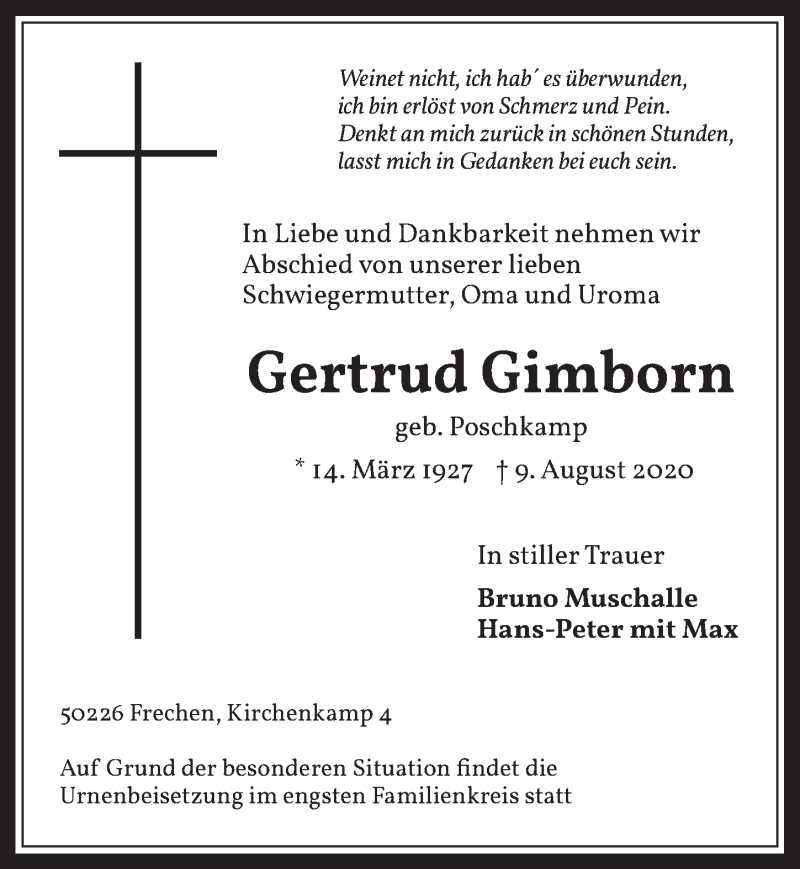  Traueranzeige für Gertrud Gimborn vom 14.08.2020 aus  Wochenende 