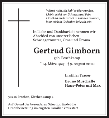 Anzeige von Gertrud Gimborn von  Wochenende 