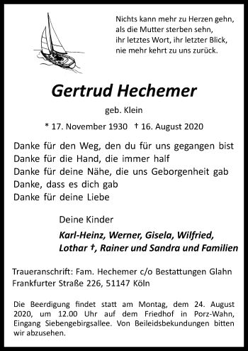 Anzeige von Gertrud Hechemer von  Kölner Wochenspiegel 