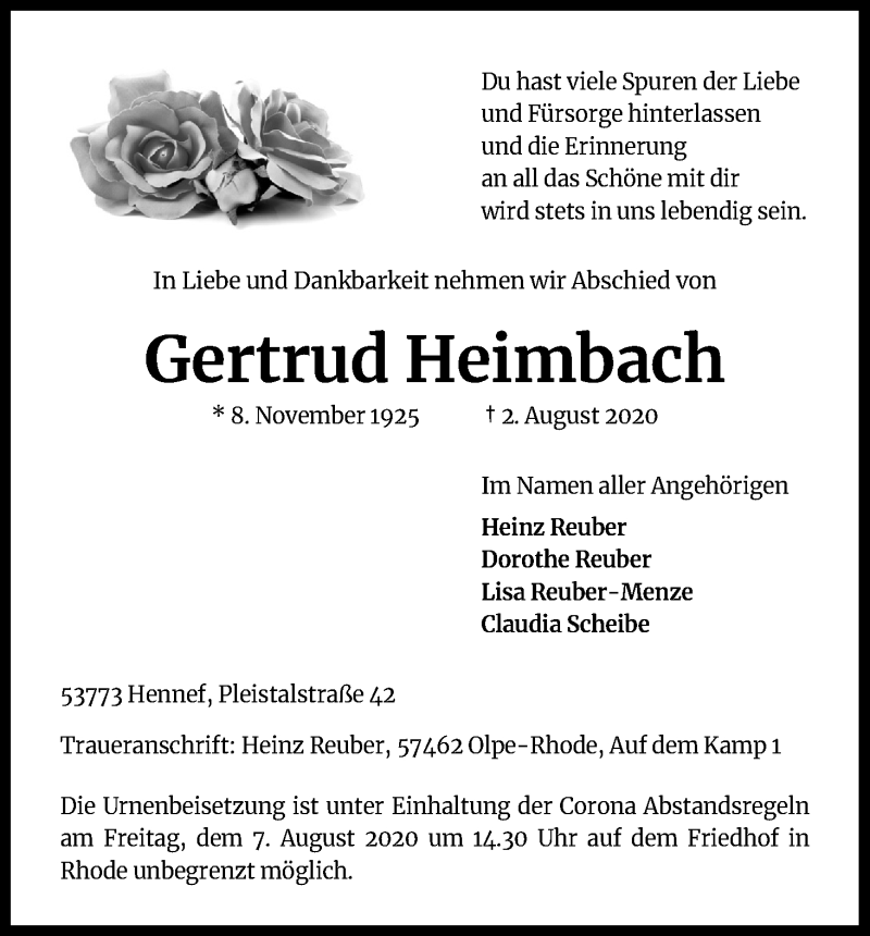  Traueranzeige für Gertrud Heimbach vom 06.08.2020 aus Kölner Stadt-Anzeiger / Kölnische Rundschau / Express