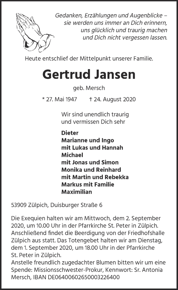  Traueranzeige für Gertrud Jansen vom 29.08.2020 aus  Blickpunkt Euskirchen 