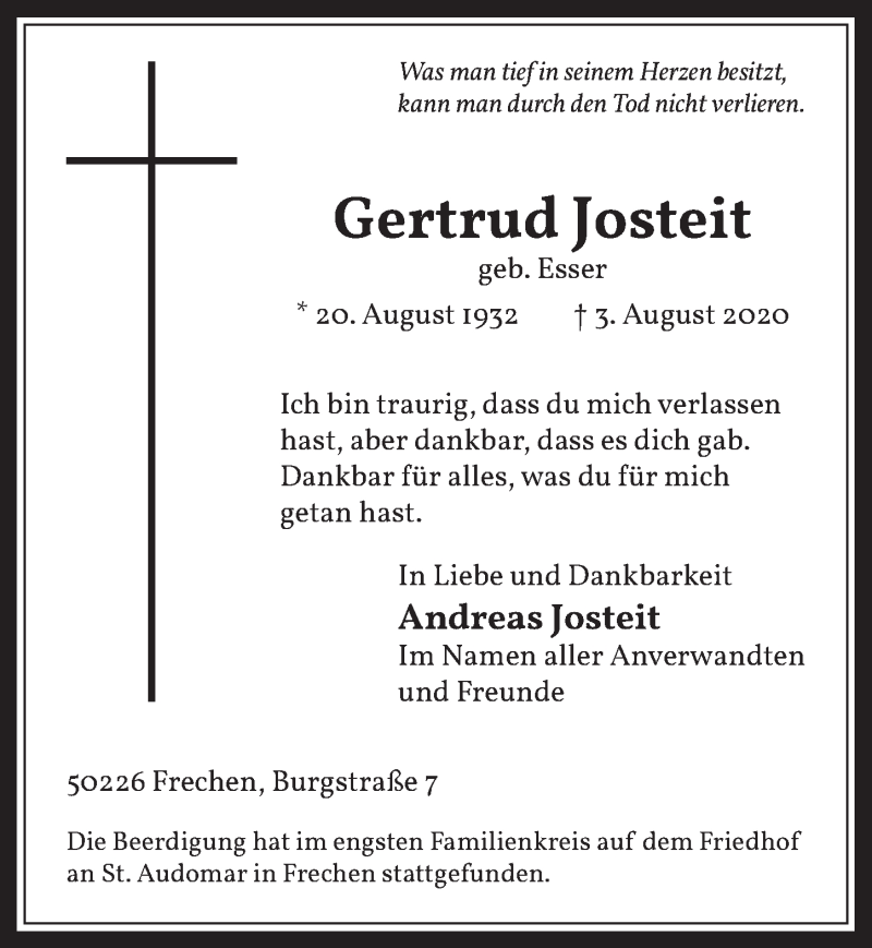  Traueranzeige für Gertrud Josteit vom 14.08.2020 aus  Wochenende 