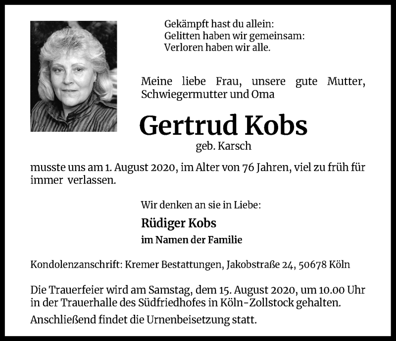  Traueranzeige für Gertrud Kobs vom 08.08.2020 aus Kölner Stadt-Anzeiger / Kölnische Rundschau / Express