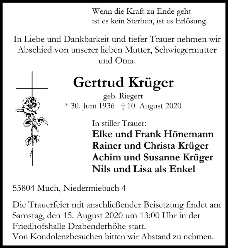  Traueranzeige für Gertrud Krüger vom 14.08.2020 aus  Anzeigen Echo 