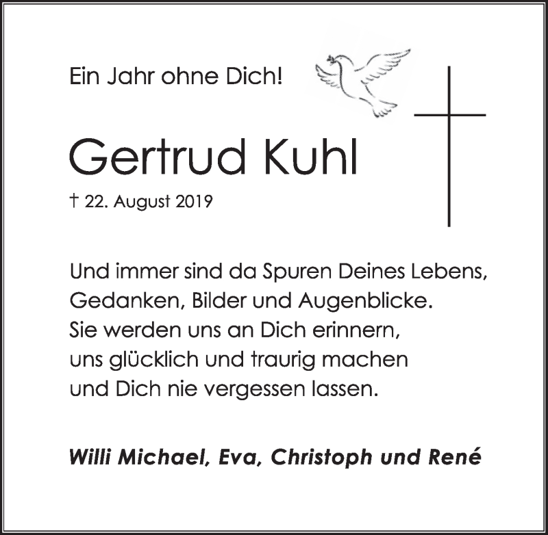  Traueranzeige für Gertrud Kuhl vom 21.08.2020 aus  Schlossbote/Werbekurier 