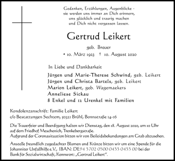Anzeige von Gertrud Leikert von Kölner Stadt-Anzeiger / Kölnische Rundschau / Express