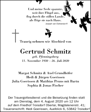 Anzeige von Gertrud Schmitz von Kölner Stadt-Anzeiger / Kölnische Rundschau / Express