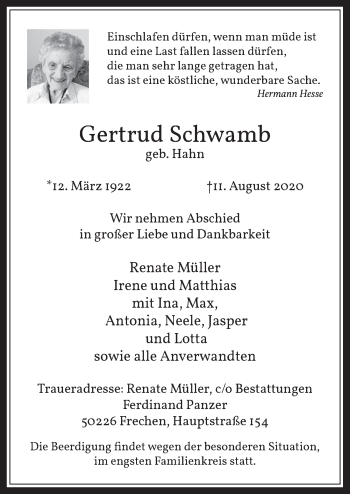 Anzeige von Gertrud Schwamb von  Wochenende 