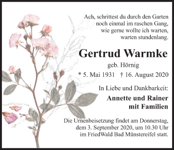 Anzeige von Gertrud Warmke von Kölner Stadt-Anzeiger / Kölnische Rundschau / Express