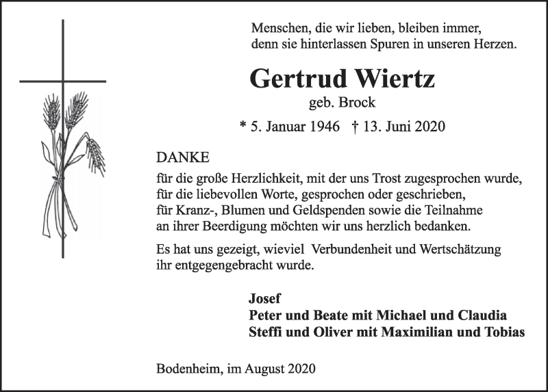  Traueranzeige für Gertrud Wiertz vom 22.08.2020 aus  Blickpunkt Euskirchen 