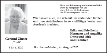 Anzeige von Gertrud Zinser von  Schaufenster/Blickpunkt  Schlossbote/Werbekurier 