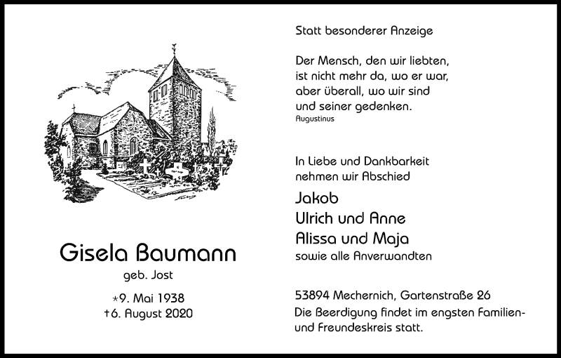  Traueranzeige für Gisela Baumann vom 08.08.2020 aus Kölner Stadt-Anzeiger / Kölnische Rundschau / Express