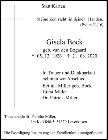 Anzeige von Gisela Bock von Kölner Stadt-Anzeiger / Kölnische Rundschau / Express