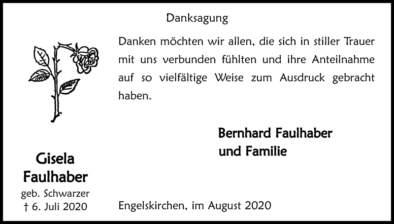  Traueranzeige für Gisela Faulhaber vom 08.08.2020 aus Kölner Stadt-Anzeiger / Kölnische Rundschau / Express