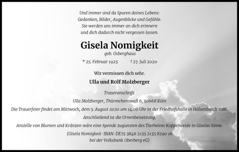  Traueranzeige für Gisela Nomigkeit vom 01.08.2020 aus Kölner Stadt-Anzeiger / Kölnische Rundschau / Express
