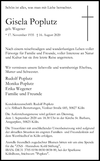 Anzeige von Gisela Poplutz von Kölner Stadt-Anzeiger / Kölnische Rundschau / Express