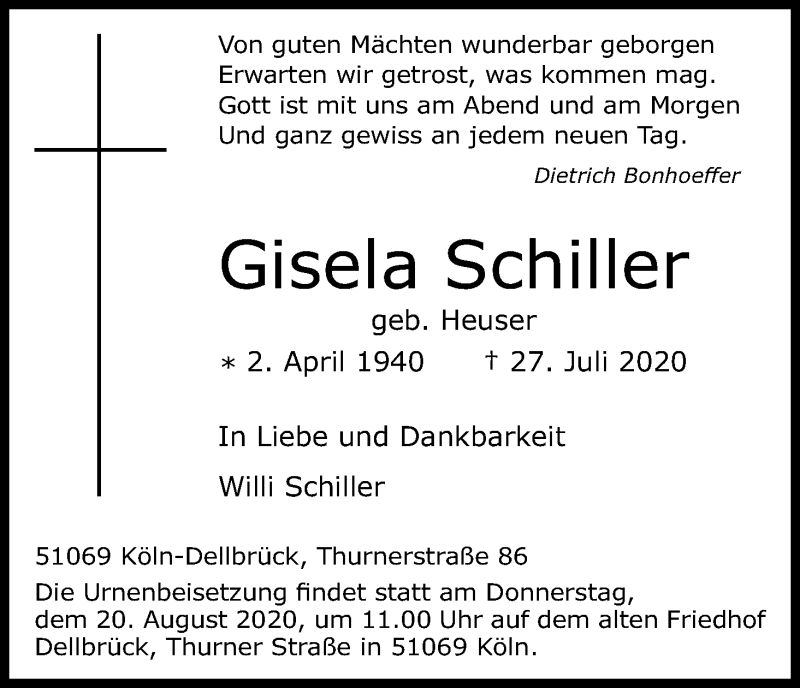  Traueranzeige für Gisela Schiller vom 15.08.2020 aus Kölner Stadt-Anzeiger / Kölnische Rundschau / Express