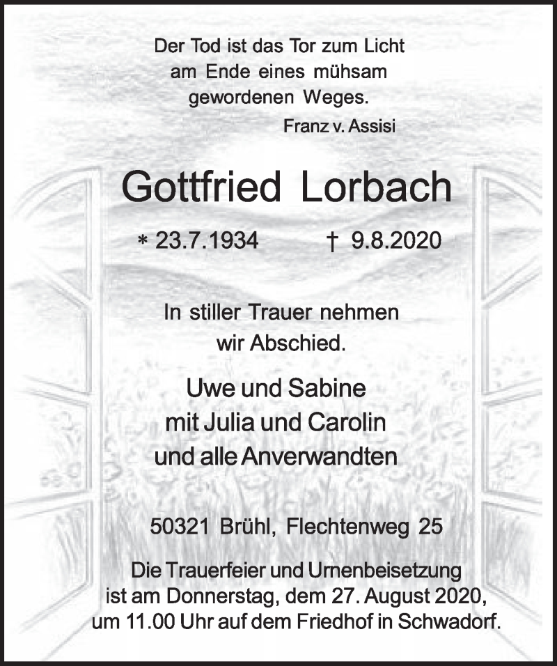  Traueranzeige für Gottfried Lorbach vom 14.08.2020 aus  Schlossbote/Werbekurier 