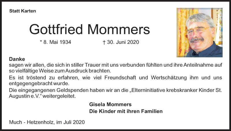  Traueranzeige für Gottfried Mommers vom 01.08.2020 aus Kölner Stadt-Anzeiger / Kölnische Rundschau / Express